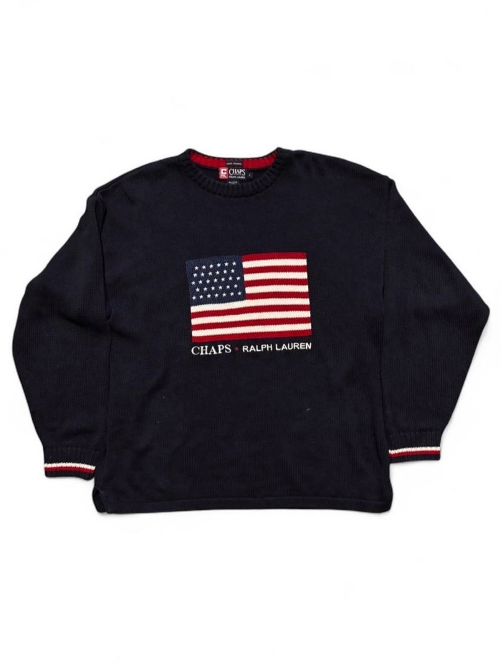 Vintage 90's Ralph Lauren Chaps USA Flag Sweater in Navy Blue